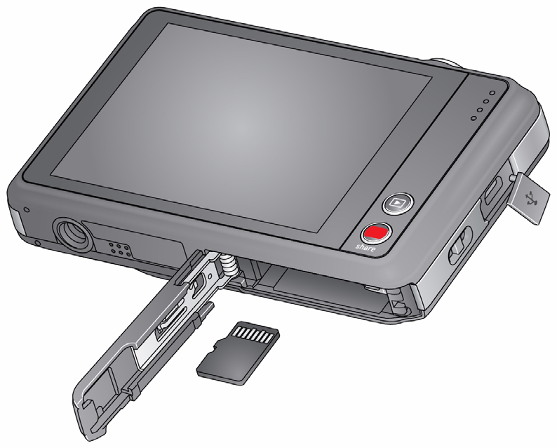 Produktoversigt, funktioner Set fra siden og bund LCD Stativfatning Højttaler MICROSD-/ SDHC-Card (tilbehør) Micro-USBog AVudgang Øje til rem Evaluering Share (Del) Stik til