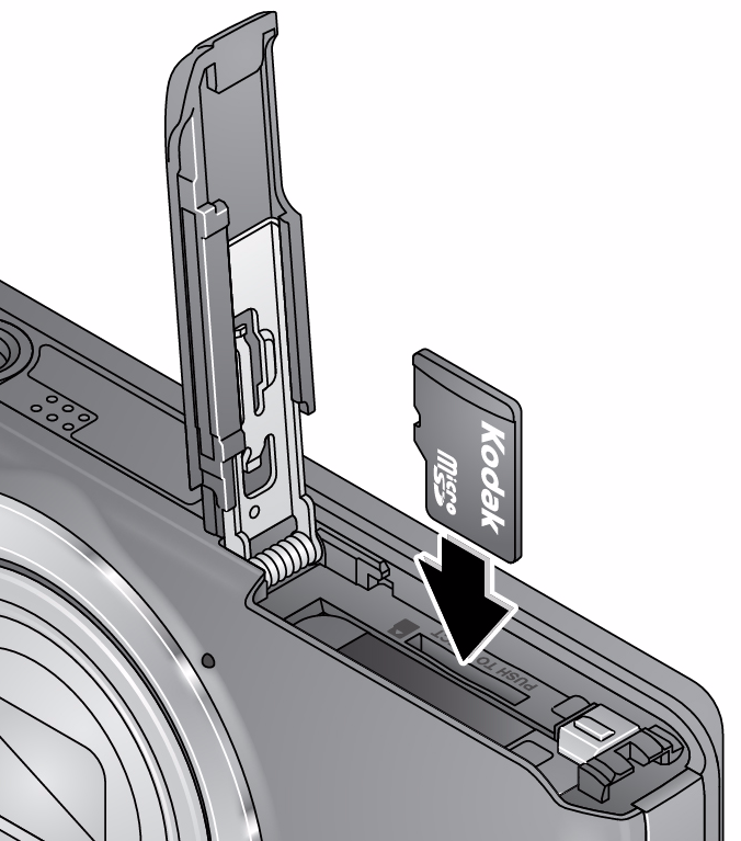 Brug af et ekstra MICROSD- eller SDHC-kort Dit kamera har intern hukommelse. Vi anbefaler, at du køber et MICROSDeller SDHC-kort (Klasse 4 eller nyere) til at lagre flere billeder/videoer.