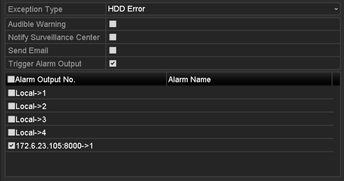 14.9 Konfiguration af HDD-fejlalarms Formål: Du kan konfigurere HDD-fejlalarmer, når HDD-status er Uninitialized [Ikke-initialiseret] eller Abnormal [Unormal]. 1.