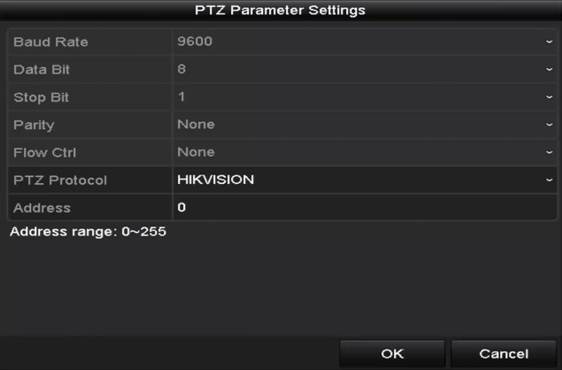 4.1 Konfiguration af PTZ-indstillinger Formål: Følg fremgangsmåden for at angive parametrene for PTZ. Konfigurationen af PTZ-parametrene skal udføres, før du kan styre PTZ-kameraet. 1.