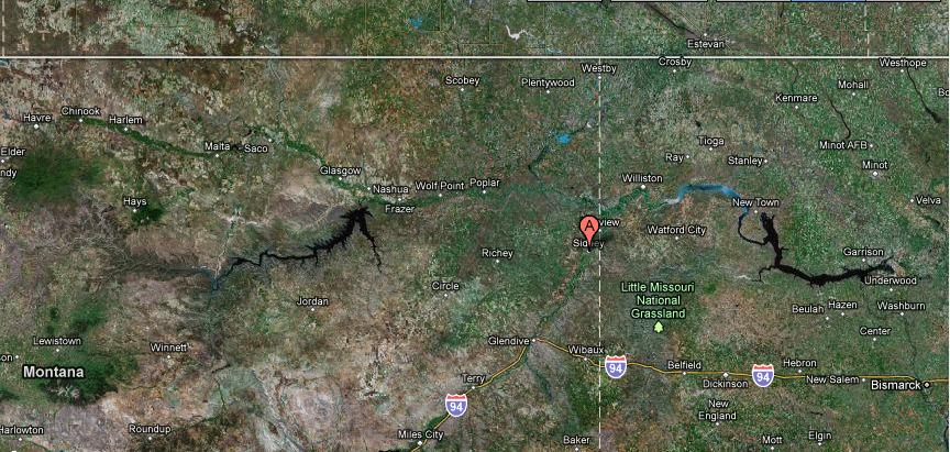 Kort over Sidney, Richland, Montana. (den hvide linie er grænsen til Canada) Kilde. Google Maps.