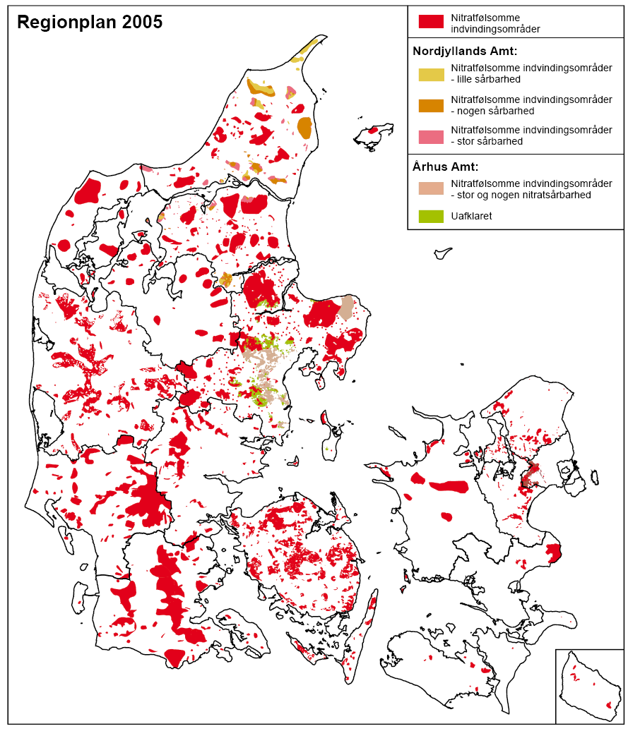 Figur 2.a Udpegningerne af nitratfølsomme indvindingsområder fra amternes indberetninger i forbindelse med regionplanerne fra 2005 som fra 2007 har status af landsplansdirektiv.