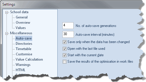 Indstillinger 4.3 Diverse Indstillinger 4.3.1 "Backup" 23 Her kan du specificere intervallet for, hvor ofte Untis automatisk skal gemme data og hvor mange backup-generationer, der må arkiveres.