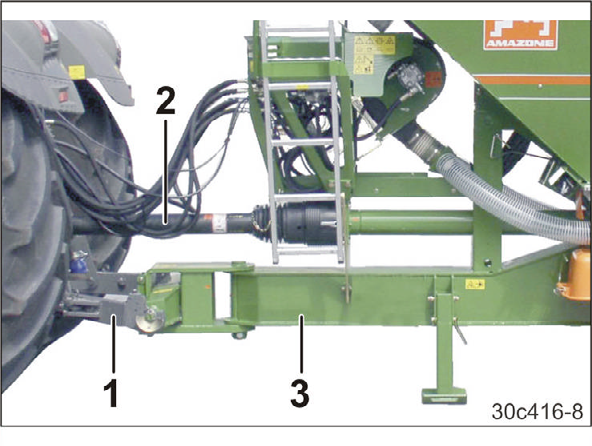 Anvendelse af maskinen 6. Sænk/hæv traktorens liftarme, indtil maskinens ramme (Fig. 208/3) løber parallelt til jorden. Begræns traktorliftarmenes løftehøjde (Fig. 208/1)!