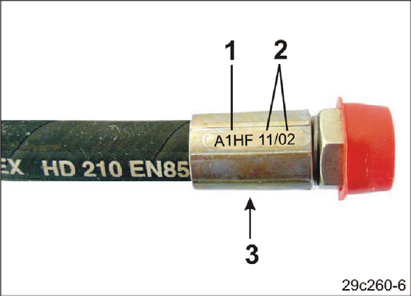 Rengøring, vedligeholdelse og reparation 12.16.1 Mærkning af hydraulikslanger Armaturmærkningen giver følgende oplysninger: Fig. 262/.