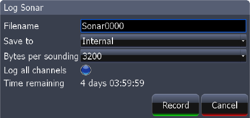 Filenavn Gem til Bytes Log Alle kanaler Resterende tid Log Sonar Menu Input det ønskede navn for sonar logfilen Vælger sted, hvor vil sonar log blive gemt / oplagres at gemme data til MMC / SD-kort,