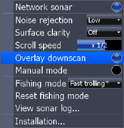 4 delt skærm (kun HDS -8/10). Overlay Downscan NOTE: skifte den aktive panel om en multi-screen display, hold PAGE nede, indtil den orange grænsen skifter til det næste panel.