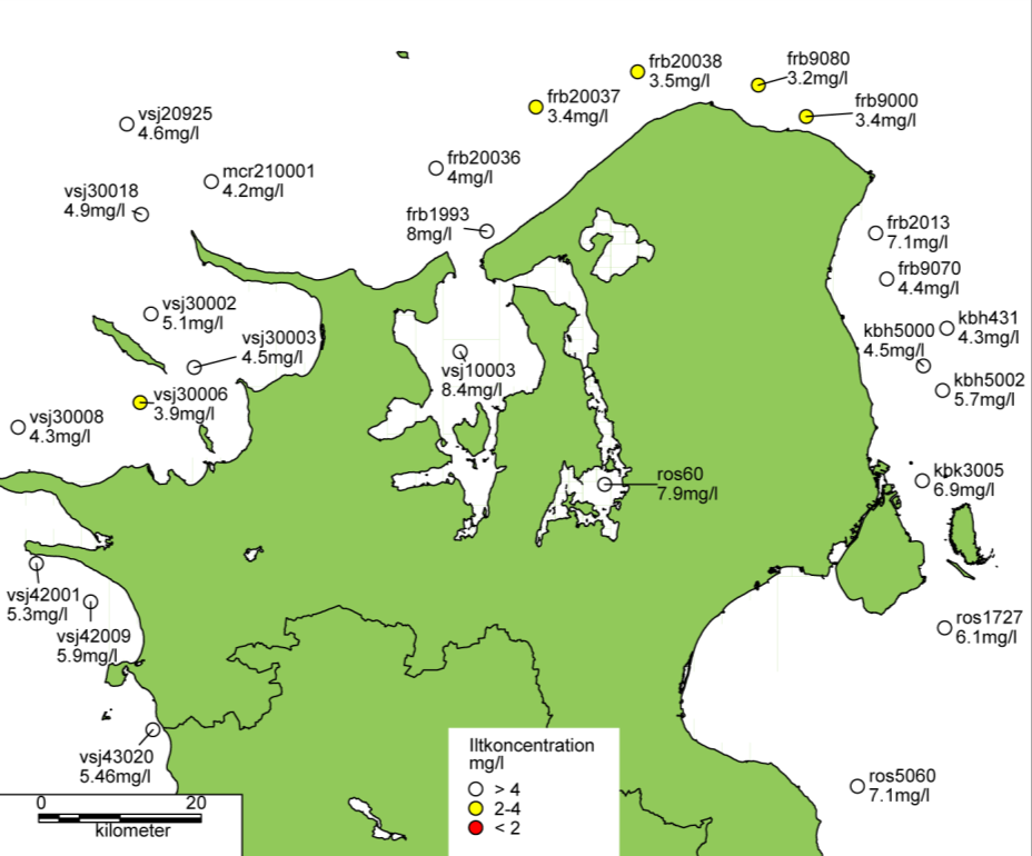 4.6 Storebælt, sydlige Kattegat, Øresund og omgivende farvande I det sydlige Kattegat blev der for første gang i år konstateret iltsvind.