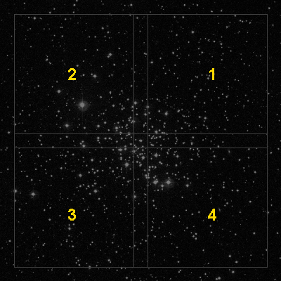 Vi delte så hoben op i 2x2 felter som flg: Figur 5.2 Planlagt mosaik De to formørkelsesvariable stjerner befinder sig i 4. kvadrant, og her foretog vi mange observationer i V og R filter.
