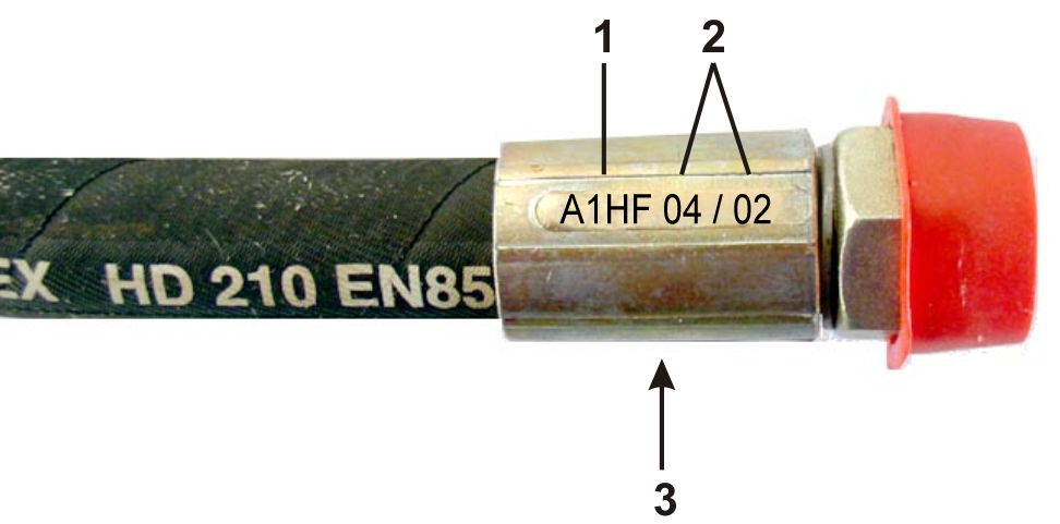 Rengøring, vedligeholdelse og reparation 10.6.1 Mærkning af hydraulikslanger Armaturmærkningen giver følgende oplysninger: Fig. 35/.