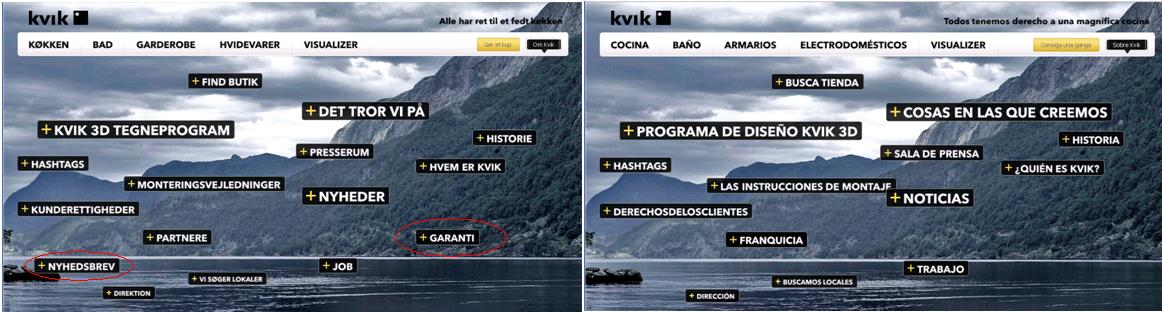 På Kviks webside E4 er der også eksempler på, at overskrifter er blevet slettet fuldstændigt fra den spanske udgave (Se figur 6.5.2.3).