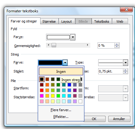Microsoft Word 2003 - fremgangsmåde til Snemand Frost 6 / 6 Vælg herefter i menulinjen Formater og derefter Kanter og skygge Så kommer denne boks frem Klik på den lille pil i Streg-feltet - Farve og