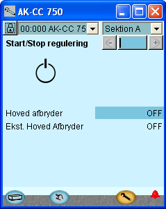 Første start af styring - fortsat Start styringen 1. Gå til Start/Stop billedet Tryk på den blå betjeningsknap nederst på skærmbilledet. 2. Start styringen Tryk i feltet ud for Hovedaf bryder.