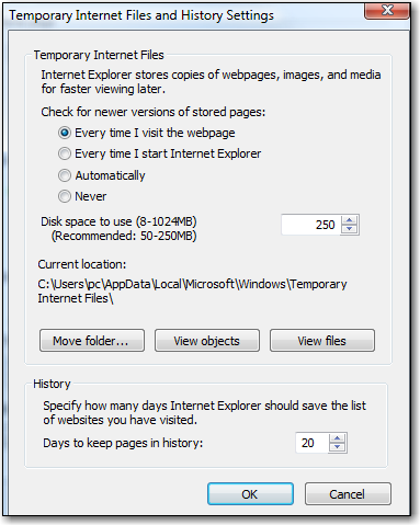 Vejledning til Internet Explorer Det kan være nødvendigt, at have følgende indstilling i Internet Explorer for at få opdateret skærmbillederne korrekt.