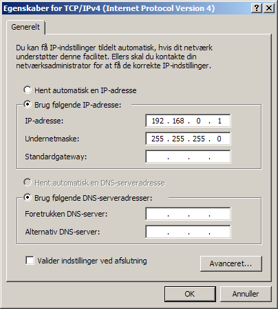 Opsætning af statisk IP på Windows PC OBS: Dette trin er ikke nødvendigt på en FA-27 da denne bliver leveret med DHCP aktiv.