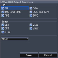 Language menu Time menu GPS Source menu Chart Settings Sonar Settings GPS status screen System menu Tmp/Spd port menu