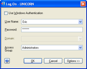 7 Start UNICORN og tilslut til systemet Trin 2 I dialogboksen Log On: Vælg User Name. og Indtast Password.