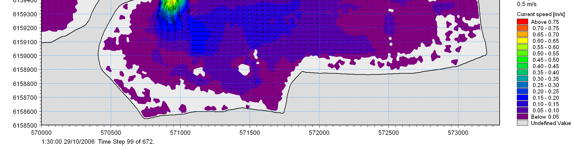 Hydrodynamisk modellering af Gyldensteen Strand 16 / 29 Figur 11 Strømfelt i den genåbnede fjord.
