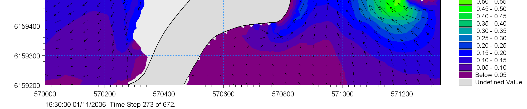 Hydrodynamisk modellering af Gyldensteen Strand 18 / 29 Figur 15 Strømning omkring Store Stegø. Fremtidig situation.
