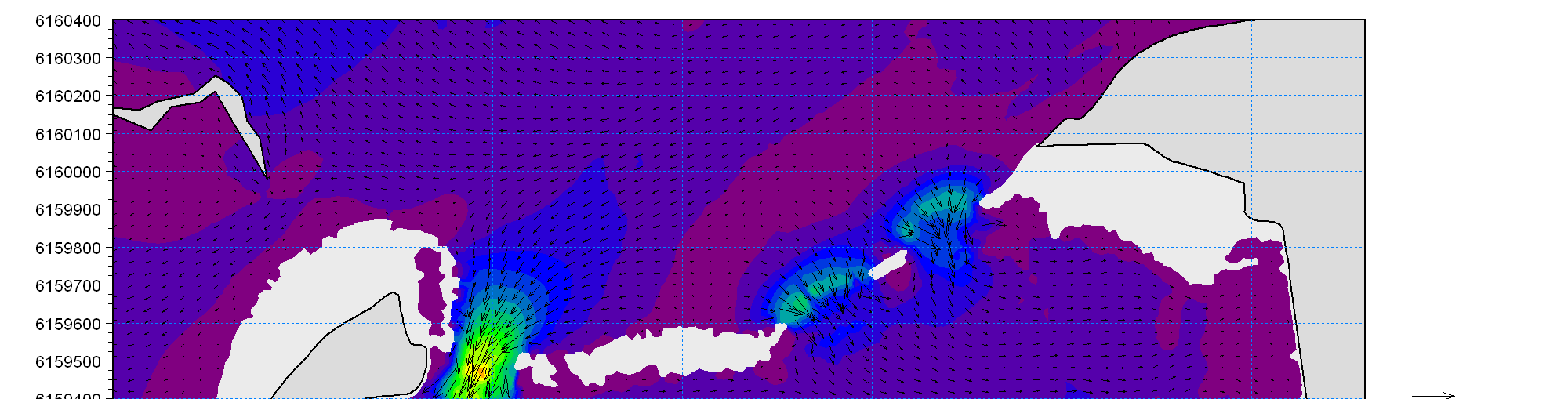 Hydrodynamisk modellering af Gyldensteen Strand 19 / 29 Figur 17 Maksimal strømhastighed i fjordindløb under normale tidevandsforhold.