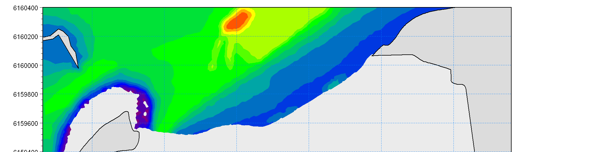 Hydrodynamisk modellering af Gyldensteen Strand 22 / 29 Figur 23 Vandstand under eksisterende situation, lavvande
