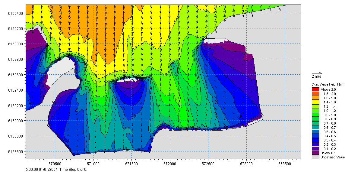 Naturgenopretning af Gyldensteen Strand 8 / 17 Figur 4-4 Modelleret signifikant bølgehøjde ved 100 års vind U = 27.1 m/s fra nordvest og 100 års vandstand på = +2.31 m DVR90.