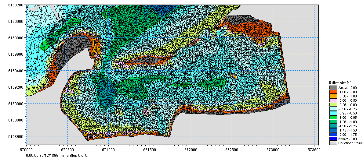 Naturgenopretning af Gyldensteen Strand 13 / 17 Bilag A: Model resultater Figur 6-1 Modelområde for bølgeberegning. Vanddybder angivet i DVR90.
