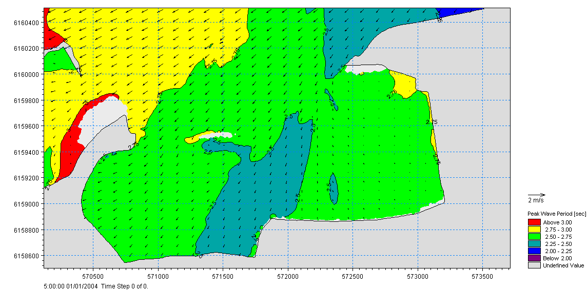 Naturgenopretning af Gyldensteen Strand 17 / 17 Figur 6-6 Modelleret peak bølgeperiode ved 100 års vind U = 29.9 m/s fra vest og 100 års vandstand på = +2.31 m DVR90.