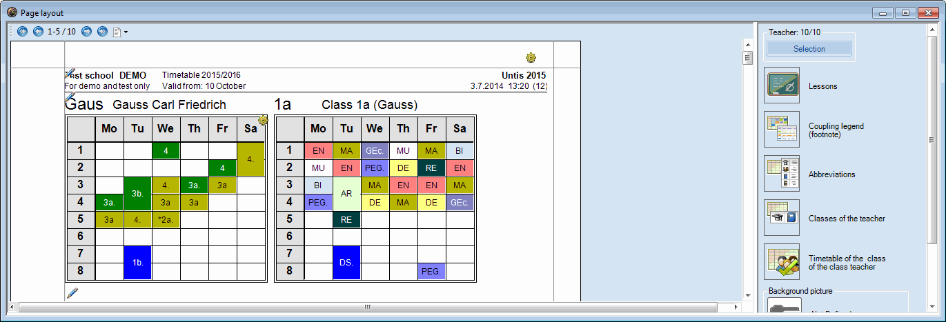 70 6.2.8 Klasselærerens skema Gauss er klasselærer for klasse 1a, som det er indtastet i stamdata. Skemaet for 'hans' klasse kan blive udskrevet på samme side. 6.2.9 Flere skemaer pr side Klik på <Indstillinger> under 'Sidelayout' for at tilgå yderligere udskriftsindstillinger.
