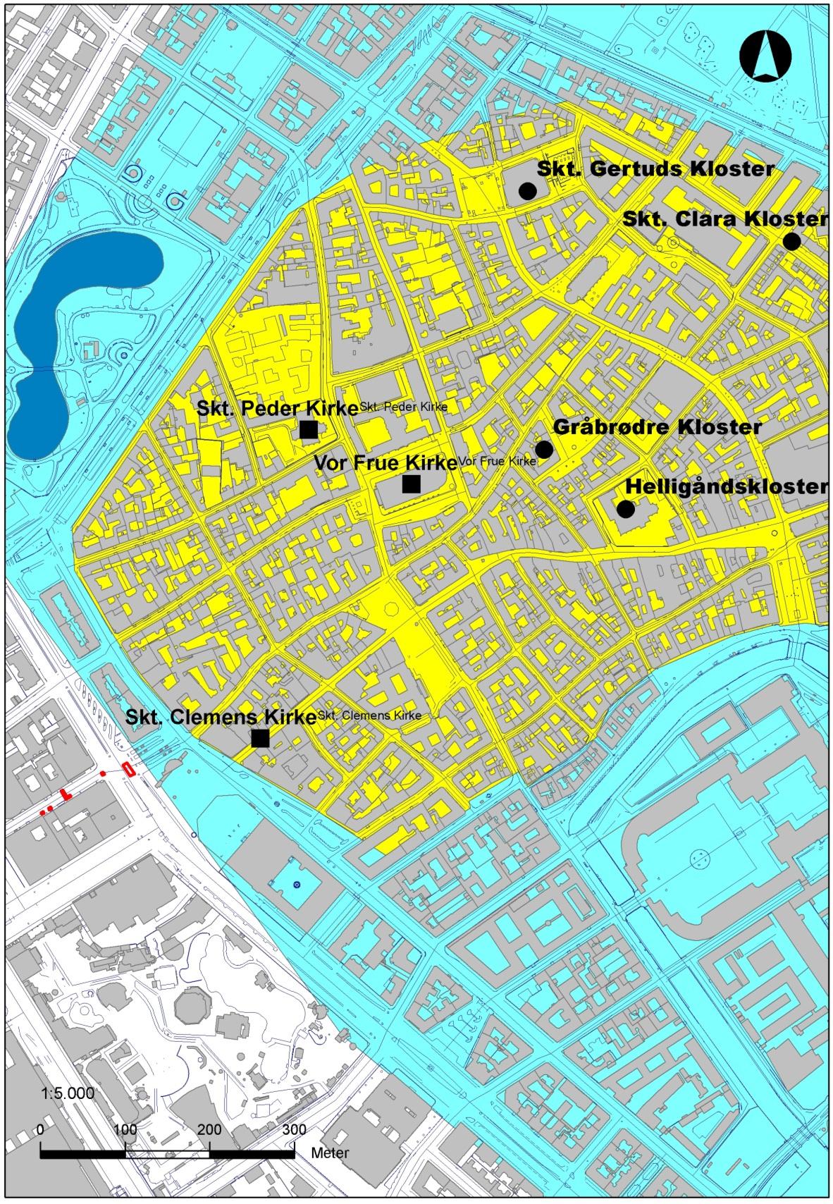 Figur 1 Oversigtskort over området. Den gule farve markerer middelalderbyen, som tidligere undersøgelser har defineret den.