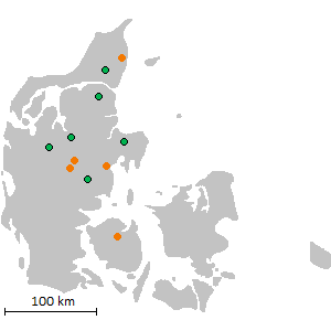 Prøveindsamling våde regnvandsbassiner (orange markeringer) Beboelsesområder (Lav belastning): Silkeborg, Århus, Lemming Industriområde (Høj belastning - Cu, Cd, Ni): Odense Lastbilcenter v.