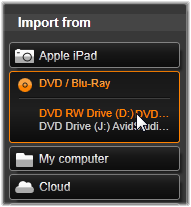 Import fra dvd- eller Blu-ray-diske Importøren kan importere video- og lyddata fra dvd'er og BD er (Blu-ray-diske). Bemærk: Blu-ray-authoring er ikke omfattet som standard.