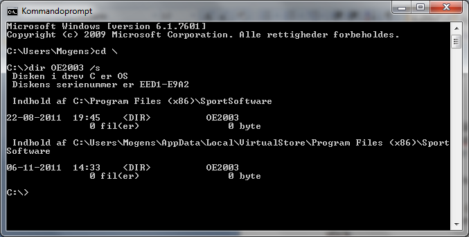 OBS Hvis din PC kører Windows 7, 8 eller 10 kan du risikere, at løbsfiler, arkiv-filer m.m. ikke lægges i C:\Programmer\SportSoftware\OE2003, men et andet sted p.g.a. sikkerhed.