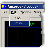 12 1.5.2 PCS10 - K8047 recorder / Logger Edit menu Copy : Kopierer skærmbilledet til Windows udklipsholder. Paste : Indsætter billede i Windows udklipsholder på skærmen. 1.5.3 Options menu Colors : Vælger farve for elementerne i skærmbilledet.