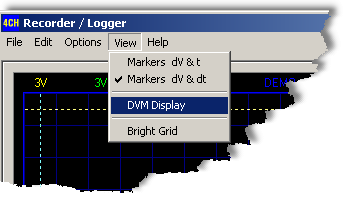 Dansk 1.5.3.1 Colors 1.5.4 View menu Markers dv & t : Den absolutte tidsplacering af markøren vises. (2) Markers V & dt : Tidsforskellen mellem markørerne vises.