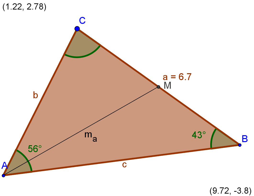 Ib Michelsen Bestem c I en vilkårlig trekant gælder reglen om trekantens vinkelsum; heraf fås formlen: C = 180 A B C = 180 43 56 = 81 hvori er indsay de kendte tal.