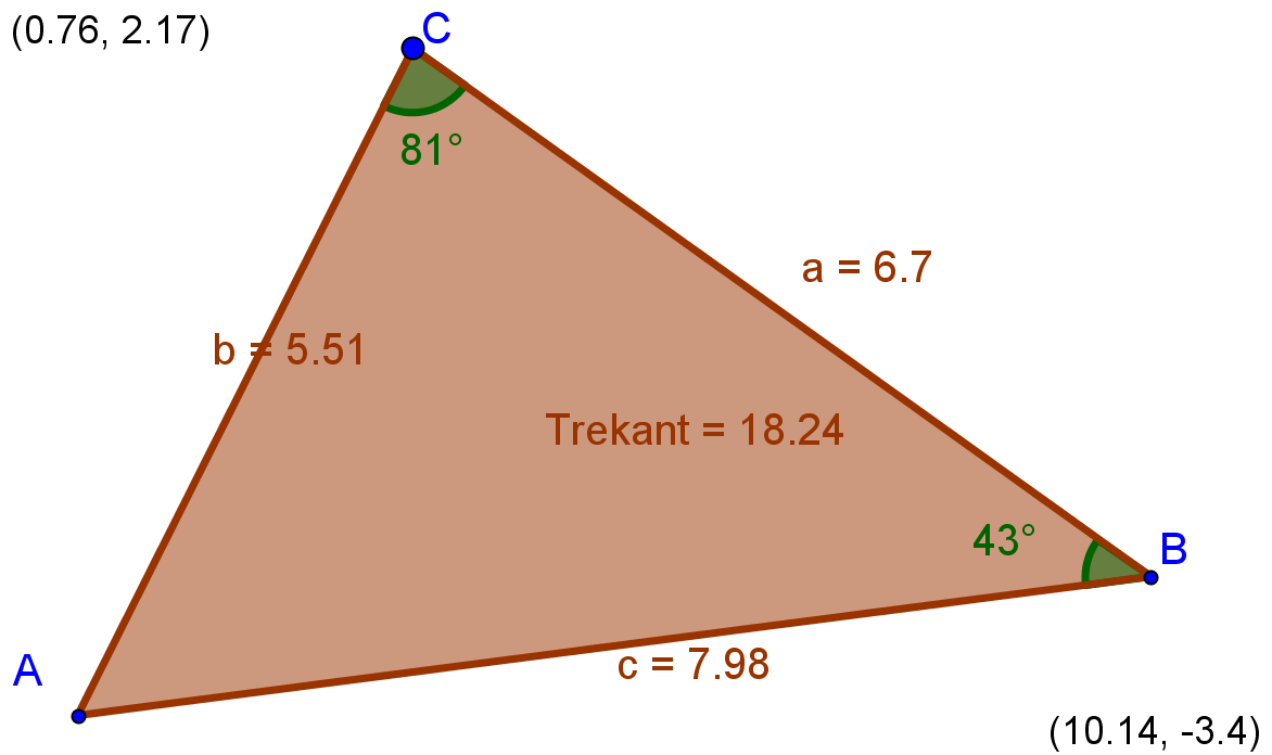 Ib Michelsen Opgave 12 I Δ ABC er Bestem c og arealet Trekanten tegnes med GeoGebra, først linjestykket a som linje med given længde, derefter de to vinkler B og C (= 180 56-43 = 81