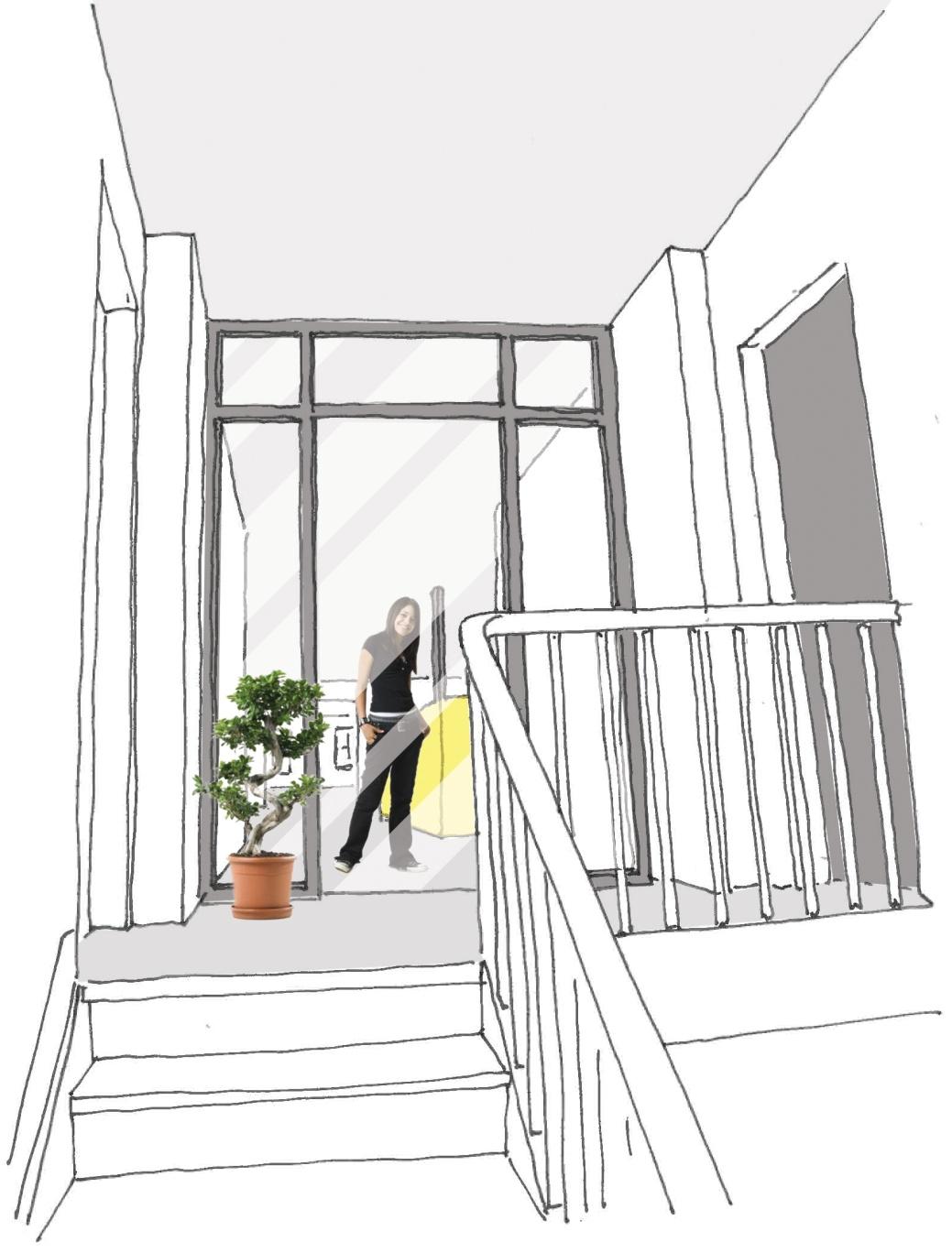 Illustration af fremtidig planforslag Indgangsparti fra trappe. Allerede på vej op ad trappen bydes man velkommen og indenfor.