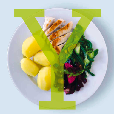 Aftensmad: Spis 1 portion mad, fordelt som vist på billedet med Y - tallerkenmodellen. Anret din mad på en tallerken ved køkkenbordet og undgå at sætte fade på bordet.
