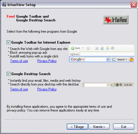søgefunktionalitet fra Google til Deres browser. Dette har intet med installationen af Irfan View at gøre.