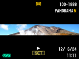 Visning af et panoramabillede 1. Tryk på [p] (PLAY) og brug derefter [4] og [6] til at få vist de panoramabilleder, du ønsker at se. 2. Tryk på [SET] for at starte afspilning af panoramabilledet.