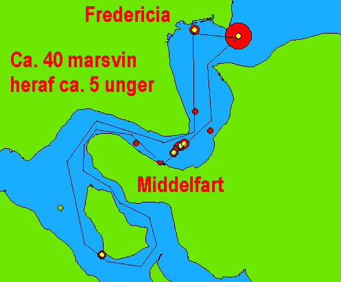 Side 18 af 40 Aventura s rute (mod uret) samt observationer (unger gule) Som det fremgår af kortet, blev der set en del marsvin under turen.