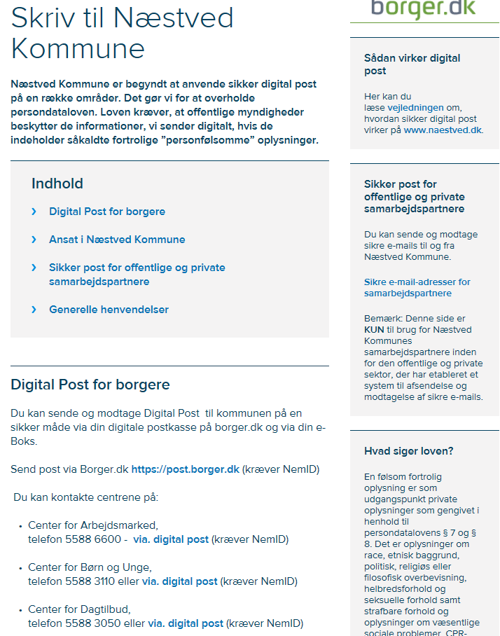 Figur 2. Figur 2 viser Næstved Kommunes kontaktside for digitale henvendelser.