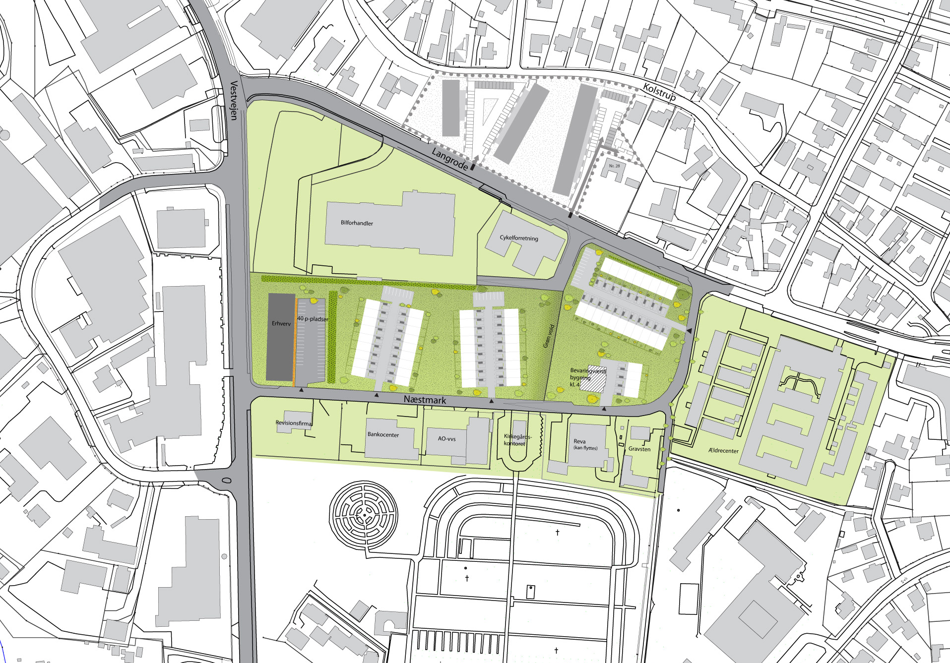 KOMMUNEPLANTILLÆG Nedenfor ses forslag til en fremtidig disponering af arealet mellem Langrode og Næstmark med et erhvervsbyggeri som mur mod Vestvejen.