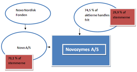 Novozymes har en ejerskabskonstellation, som minder om Carlsbergs. De har også en A og B-aktie struktur. 53,74 million A-aktier og 265,95 million B-aktier 40. Novozymes ejes ligeledes af en Fond.