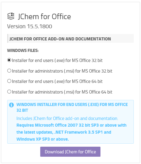 Hent JChem for Office 11 11. Under Download vælges under JChem for Office JChem for Office (se pil 11 på figuren ovenfor). 12 12.