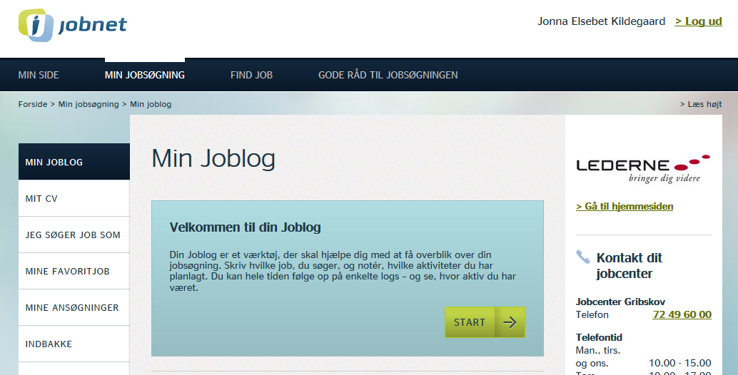 Er det første gang, du skal bruge jobloggen på jobnet.dk, skal du først trykke på Start.
