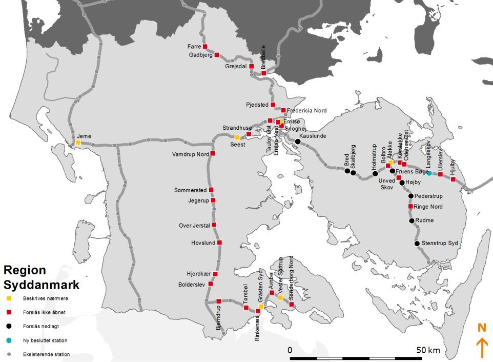38 Optimering af stationsstrukturen Region Syddanmark Region Syddanmark I det følgende analyseres regionalbaner i region Syddanmark.
