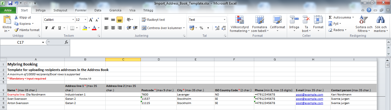 Importer din adressebog (modtagere) 1. Hold musemarkøren på "Booking", og klik derefter på "Adressebog" 2. Klik på Upload dine kontakter fra Excel-fil 3.