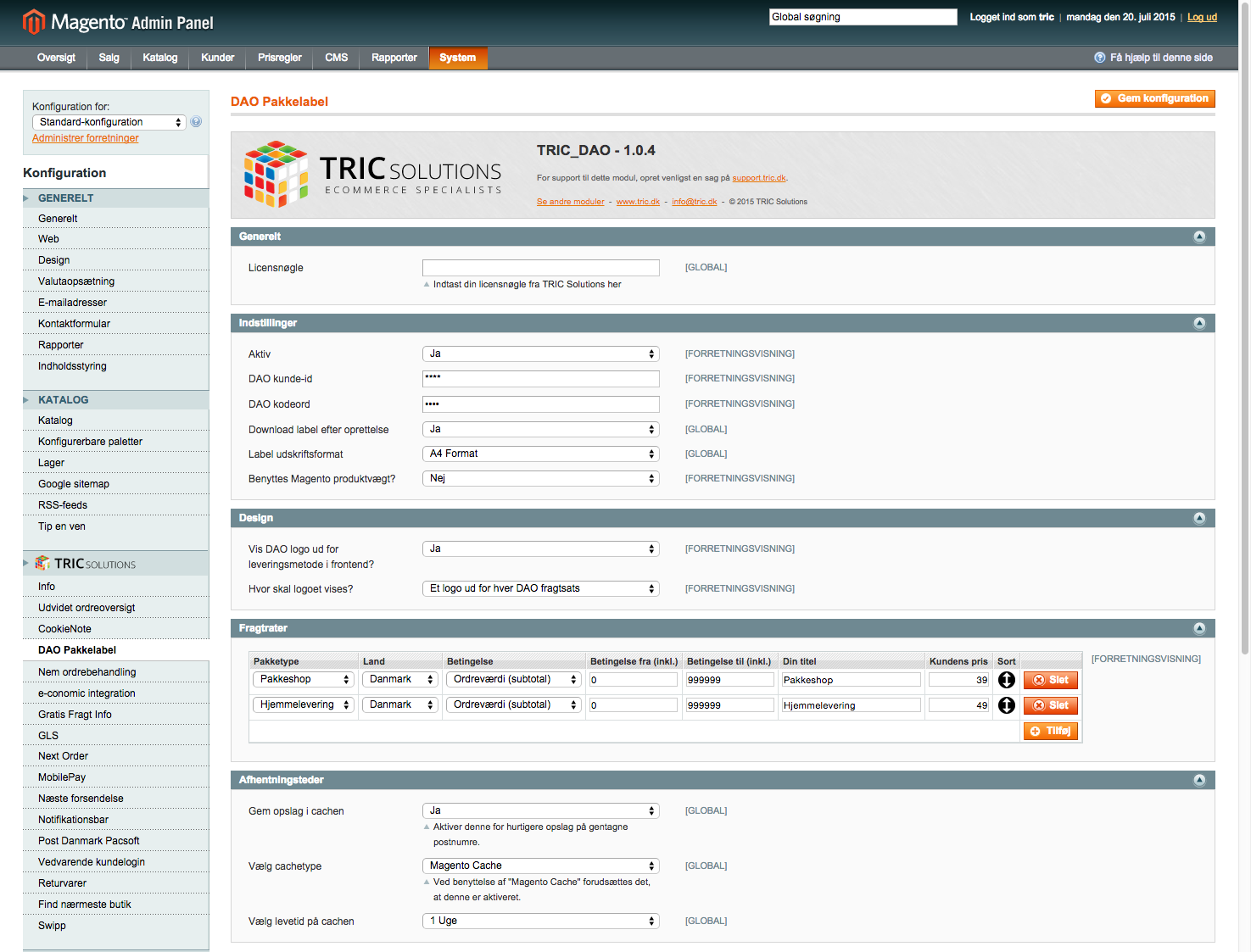 Generelt Når du har købt DAO modulet hos TRIC Solutions kan du logge på din konto på store.tric.dk og der finde licensnøglen til modulet.
